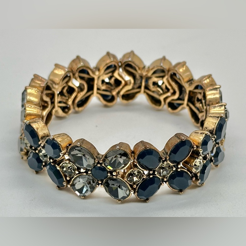J Crew Stretch Bracelet Brass Tone Smoky Topaz Flower Rhinestone Grey Tonal